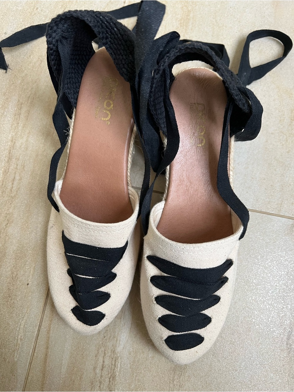 Cream Espadrille with Black Ribbon Laces - Picture 2 of 4